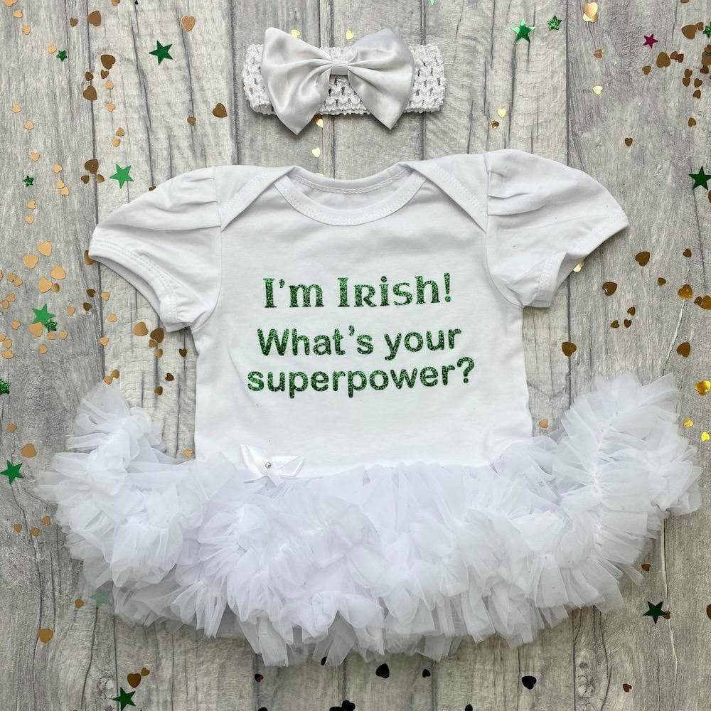 'I'm Irish! What's Your Superpower?' Baby Girl Tutu Romper With Matching Bow Headband, St Patrick