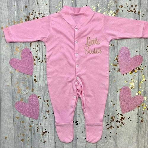 Newborn Baby Girl 'Little Sister' Pink Sleep Suit