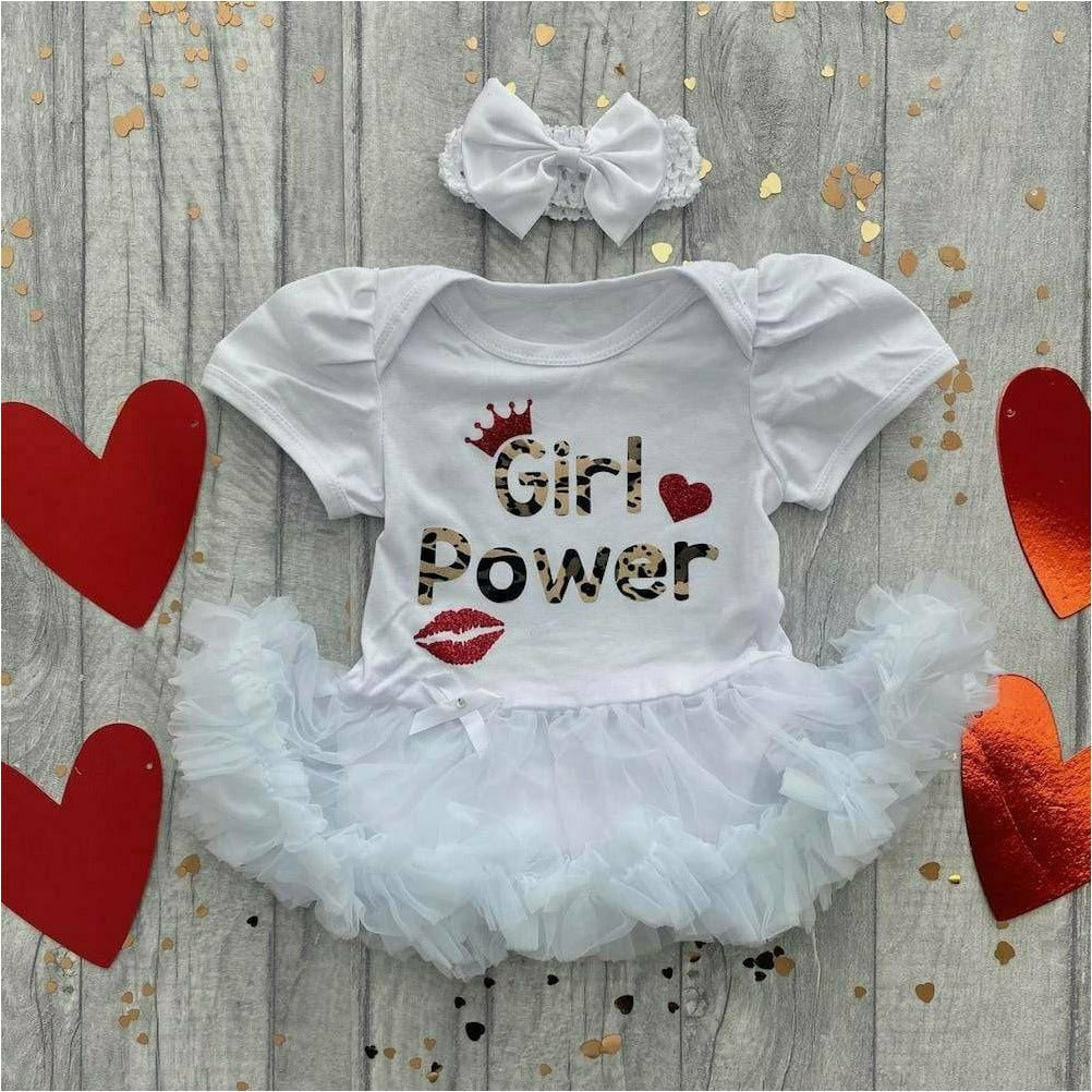 'Girl Power' Leopard Print Baby Girl Tutu Romper With Matching Bow Headband, Red Glitter Design