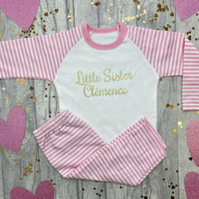 Load image into Gallery viewer, Little Sister Personalised Name Pink and White Stripe Girls Pyjamas - Little Secrets Clothing
