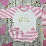 Little Sister Personalised Name Pink and White Stripe Girls Pyjamas - Little Secrets Clothing