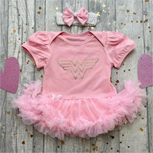 Load image into Gallery viewer, Wonder Woman Baby Girl Tutu Romper with Matching Bow Headband, Superhero Gold Glitter Design
