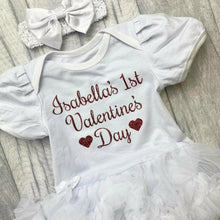 Load image into Gallery viewer, Personalised 1st Valentine&#39;s Day Baby Girl White Tutu Romper With Matching Bow Headband, Red Tights - Little Secrets Clothing
