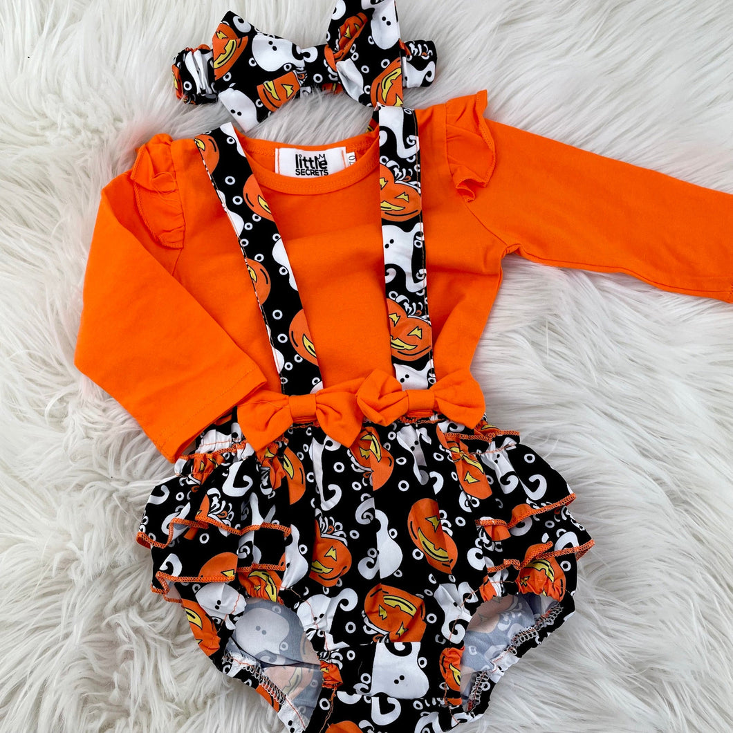 Baby Girl Halloween Braced Bloomer & Long Sleeve Top Set, Pumpkin Ghost Costume
