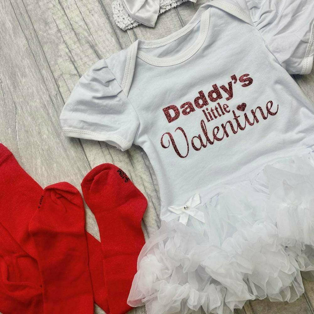 'Daddy's Little Valentine' Baby Girl Tutu Romper With Matching Bow Headband And Red Tights, Valentine’s Day