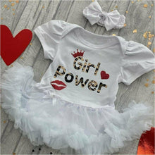 Load image into Gallery viewer, &#39;Girl Power&#39; Leopard Print Baby Girl Tutu Romper With Matching Bow Headband, Red Glitter Design
