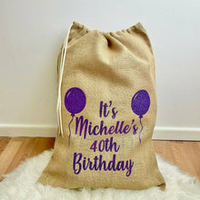 Load image into Gallery viewer, Personalised Milestone Birthday Present Sack, Balloons Presents Hessian Gift Sack - Little Secrets Clothing
