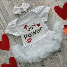 Load image into Gallery viewer, &#39;Girl Power&#39; Leopard Print Baby Girl Tutu Romper With Matching Bow Headband, Red Glitter Design
