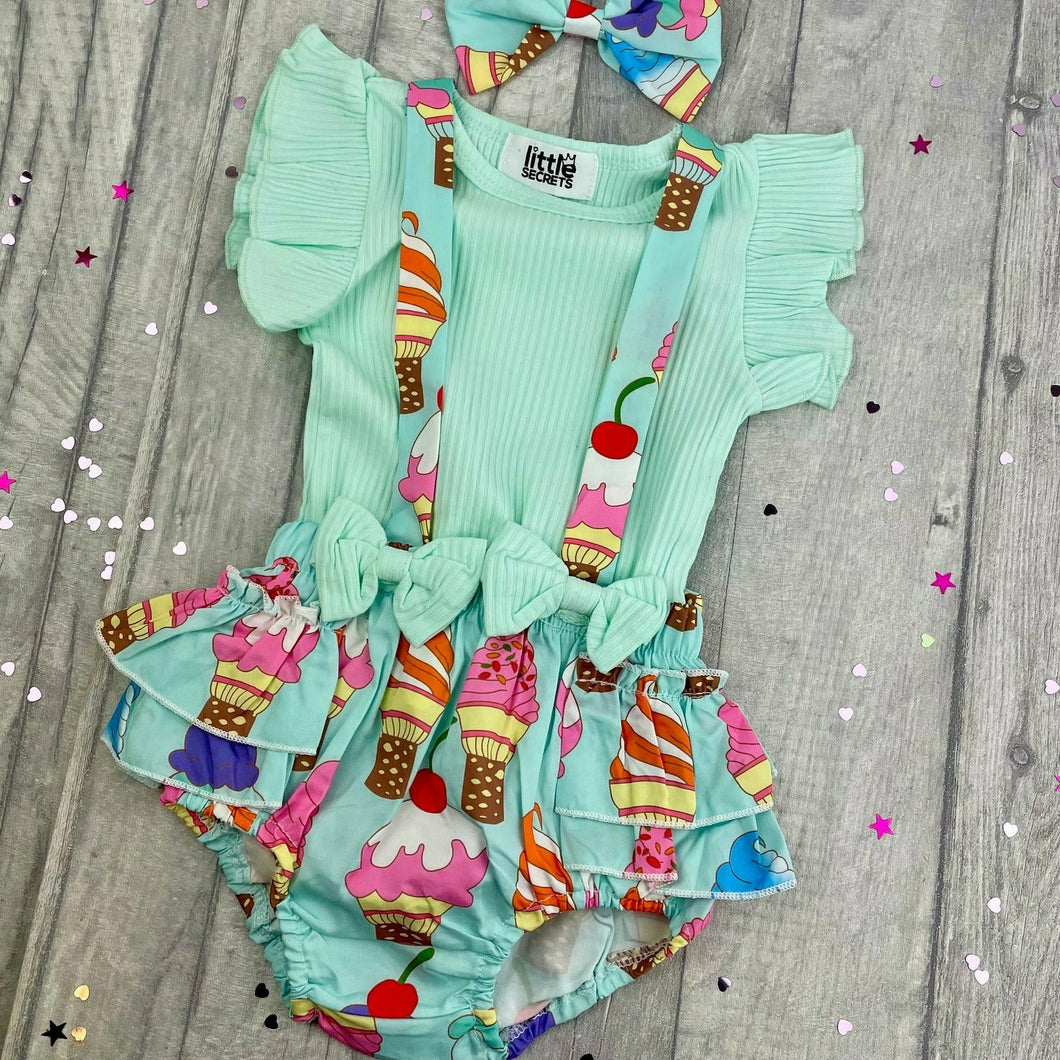 Baby Girl Summer Braced Bloomer & T-shirt Set, Ice Cream Design