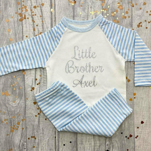 'Little Brother' Personalised Blue and White Boys Pyjamas