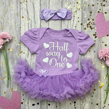 Load image into Gallery viewer, &#39;Half Way To One&#39; Baby Girl Birthday Tutu Romper With Matching Bow Headband, White Glitter design
