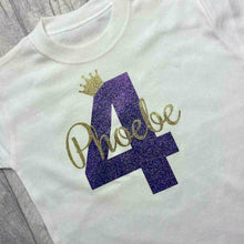 Load image into Gallery viewer, Boy&#39;s Personalised Birthday T-shirt with Name, Age and Crown, White T-shirt aged 1-5 years - Little Secrets Clothing
