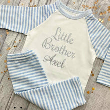 Load image into Gallery viewer, &#39;Little Brother&#39; Personalised Blue and White Boys Pyjamas
