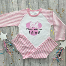 Load image into Gallery viewer, &#39;When I Wake Up I Will Be&#39; Minnie Mouse Pink And White Girls Stripe Birthday Pyjamas, Disney
