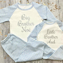 Load image into Gallery viewer, &#39;Little Brother&#39; Personalised Blue and White Boys Pyjamas

