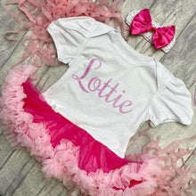 Load image into Gallery viewer, Personalised Name Baby Girl Tutu Romper With Matching Bow Headband, Light Pink Glitter Design - Little Secrets Clothing
