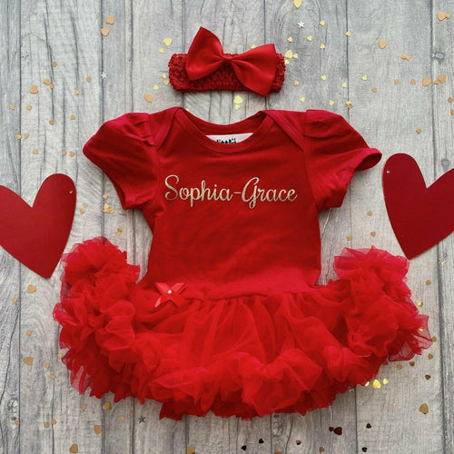 Personalised Name Gold Glitter Baby Girl Tutu Romper With Matching Bow Headband