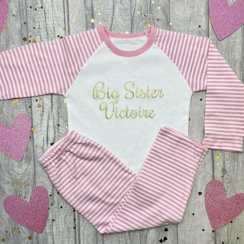 'Big Sister' Personalised Name Pink and White Stripe Girls Pyjamas