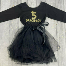 Load image into Gallery viewer, Personalised Girls Birthday Dress, Age and Name Black Long Sleeve Party Tutu Dress
