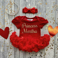 Load image into Gallery viewer, Personalised &#39;Princess&#39; Baby Girl Tutu Romper With Matching Bow Headband

