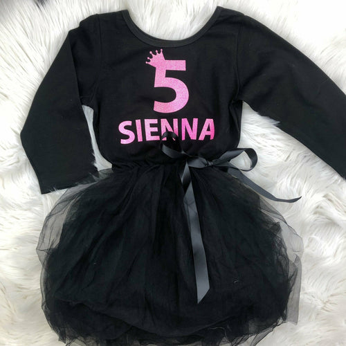 Personalised Girls Birthday Dress, Age and Name Black Long Sleeve Party Tutu Dress