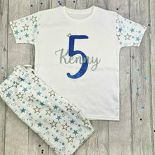 Load image into Gallery viewer, Personalised Birthday Boys Blue Short Pyjamas
