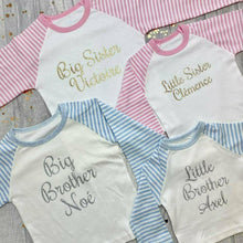 Load image into Gallery viewer, Little Sister Personalised Name Pink and White Stripe Girls Pyjamas - Little Secrets Clothing
