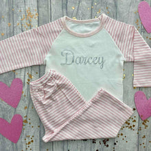 Load image into Gallery viewer, Personalised Pink and White Girls Pyjamas With Silver Glitter Text
