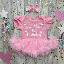 Load image into Gallery viewer, Personalised &#39;1st Birthday&#39; Baby Girl Tutu Romper With Matching Bow Headband, White Glitter Design

