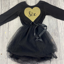 Load image into Gallery viewer, Girls Birthday Dress with Gold Glitter Heart, Black Long Sleeve Party Tutu Dress
