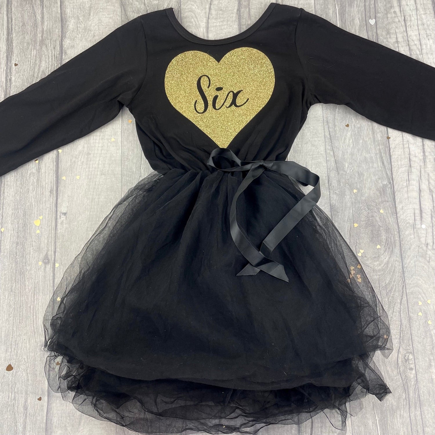 Girls Birthday Dress with Gold Glitter Heart, Black Long Sleeve Party Little Secrets Girls Birthday Dress with Gold Glitter Heart, Black Long Sleeve Party Little Secrets