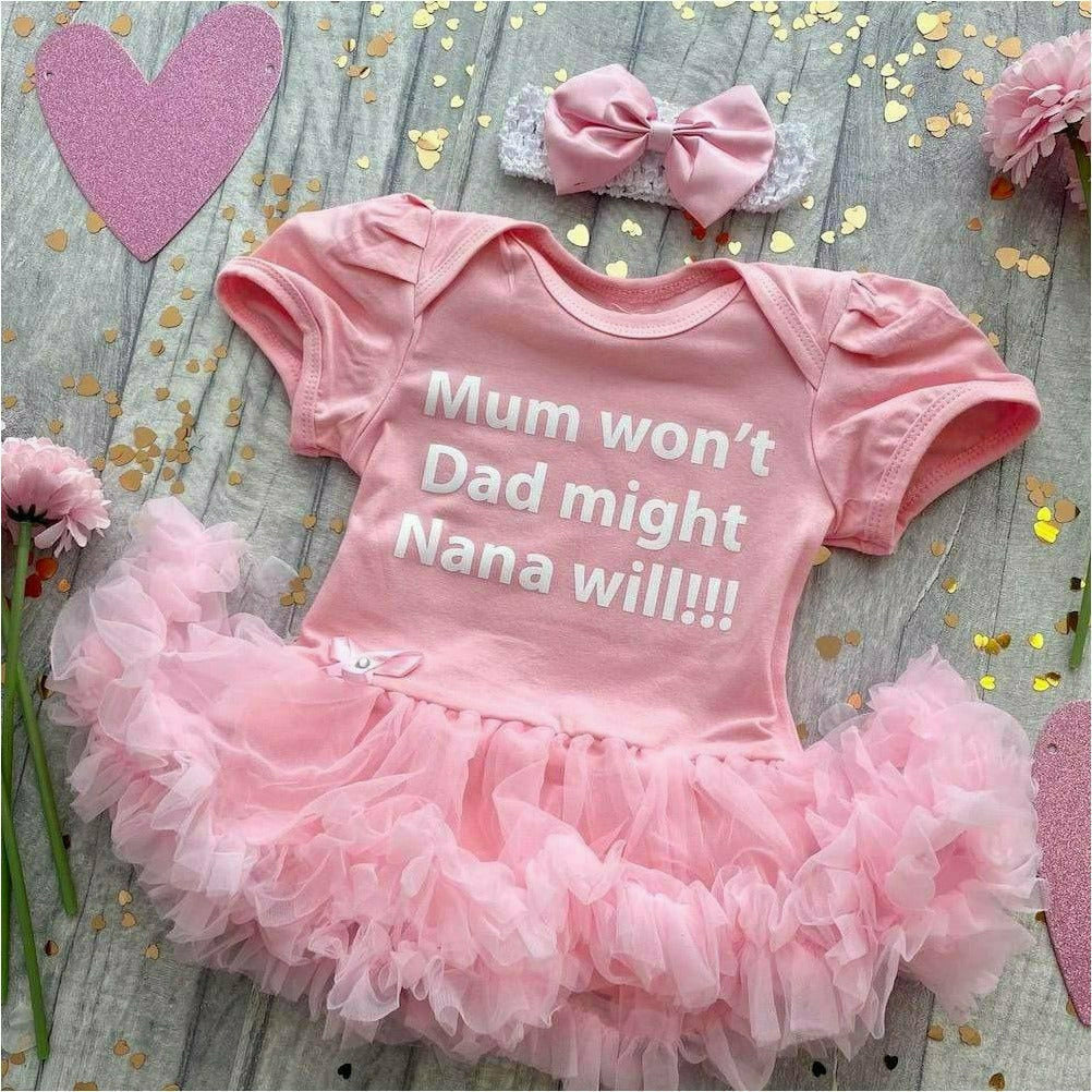 Personalised Mum Won't, Dad Might, *name* Will! Baby Girl Funny Tutu Romper With Headband
