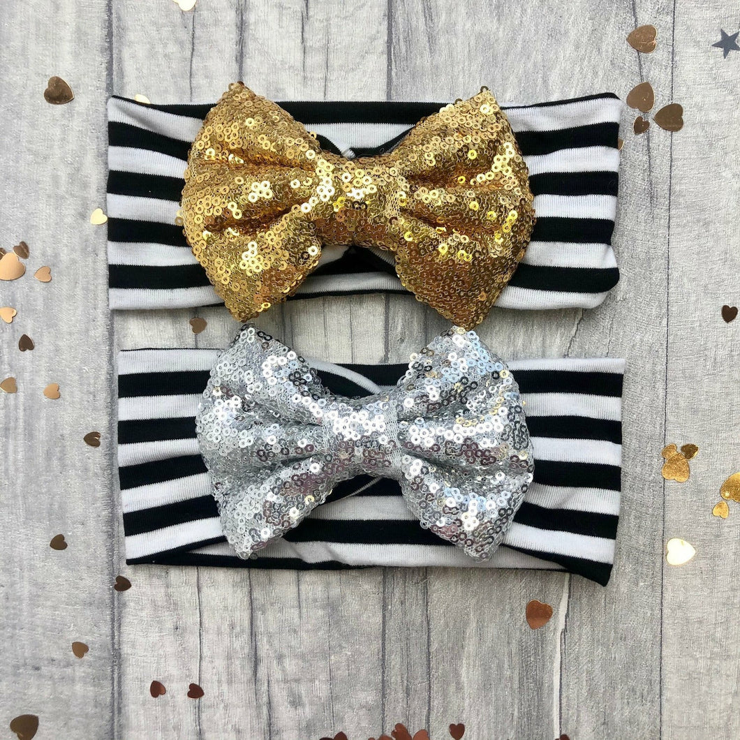 Baby Girl Black Striped Headband with Silver or Gold Sequin Glitter Bow