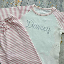 Load image into Gallery viewer, Personalised Pink and White Girls Pyjamas With Silver Glitter Text
