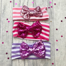 Load image into Gallery viewer, Baby Girl Multi Coloured Striped Headband with Light Pink, Dark Pink or Purple Sequin Glitter Bow
