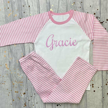 Load image into Gallery viewer, Personalised Pink and White Girls Pyjamas With Pink Glitter Text
