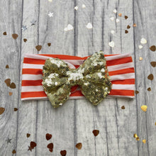 Load image into Gallery viewer, Baby Girl Orange Striped Headband with Gold or Rose Gold Sequin Glitter Bow
