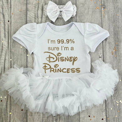I'm 99.9% Sure I'm A Disney Princess baby girl White Tutu Romper with Matching Headband and Gold design