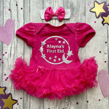 Load image into Gallery viewer, Personalised &#39;First Eid&#39; Tutu Romper With Matching Bow Headband, Silver Moon and Stars Circle Design
