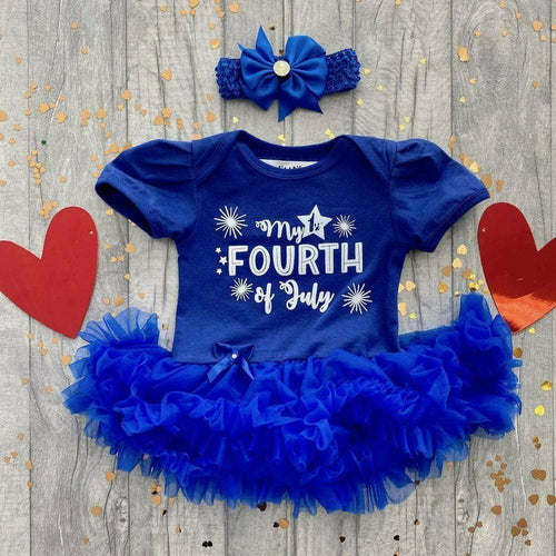 'My 1st Fourth of July' Baby Girl Tutu Romper With Matching Bow Headband, White Glitter