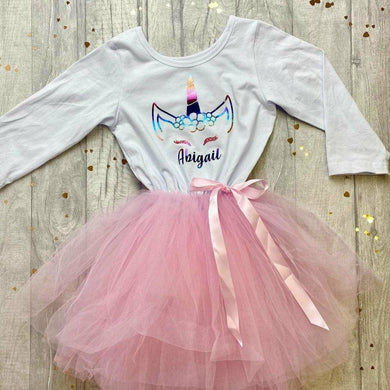 Personalised Unicorn Girl's White and Pink Long Sleeved Tutu Dress, Birthday