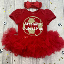 Load image into Gallery viewer, Arsenal&#39;s Cutest Fan Tutu Romper, Featuring Gold football design with white lettering. With matching red bow clip headband, The gunners 
