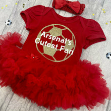 Load image into Gallery viewer, Arsenal&#39;s Cutest Fan Tutu Romper, Featuring Gold football design with white lettering. With matching red bow clip headband, The gunners
