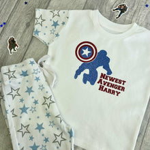 Load image into Gallery viewer, Personalised Boys &#39;Newest Avenger&#39;, Blue and White Star Print Short Sleeve Pyjamas, Captain America, Marvell
