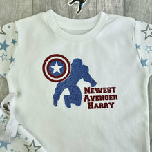 Load image into Gallery viewer, Personalised Boys &#39;Newest Avenger&#39;, Blue and White Star Print Short Sleeve Pyjamas, Captain America, Marvel
