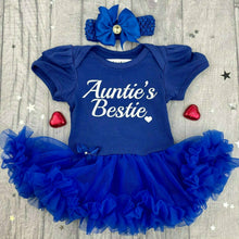 Load image into Gallery viewer, Auntie&#39;s Bestie. Baby Girl Tutu Romper With Matching Bow Headband white glitter design.
