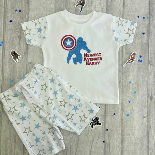 Personalised Boys 'Newest Avenger', Blue and White Star Print Short Sleeve Pyjamas, Captain America, Marvell