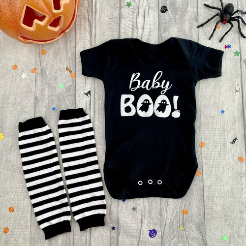 Newborn Halloween Ghost Bodysuit With Black & White Striped Legwarmers