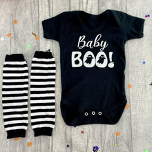 Load image into Gallery viewer, Newborn Halloween Ghost Bodysuit With Black &amp; White Striped Legwarmers
