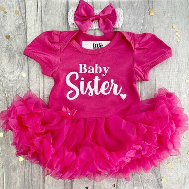 'Baby Sister' Newborn Baby Girl Tutu Romper with Matching Bow Headband